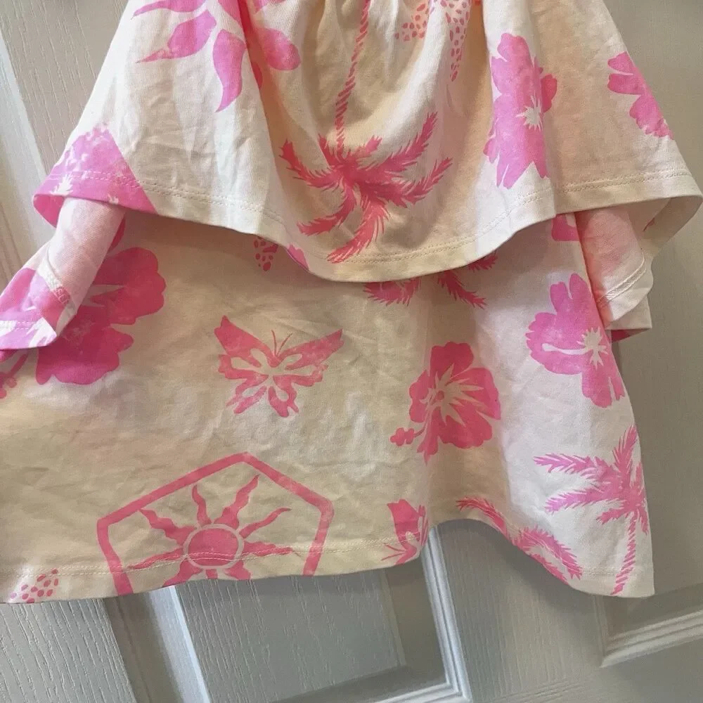 Zara Girls Pink Tropical Ruffle Crop Tank Floral Hawaiian Palm Trees SZ 8-9 NWT